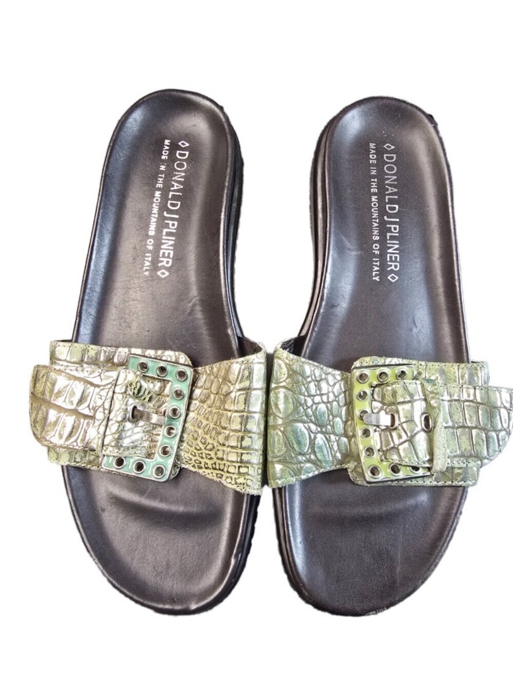 Donald J. Pliner Green Croc-Embossed Buckle Slide Sandals